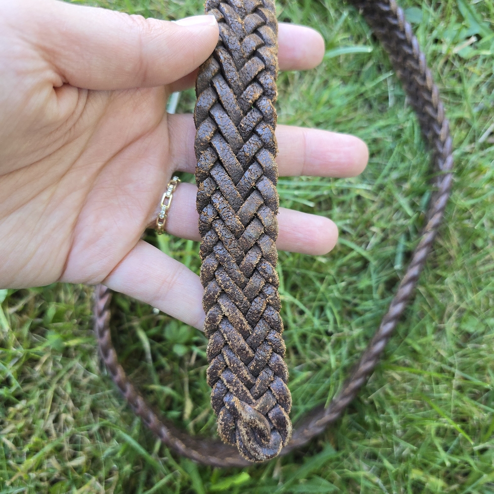 Vintage Genuine Brown Braided Leather Belt Hand-Woven Classic Brass Buckle - Picture 2 of 5